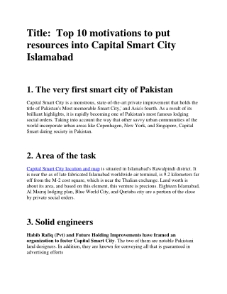 Top 10 motivations to put resources in to Capital Smart City Islamabad