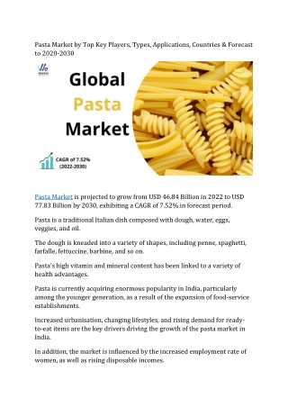 Pasta Market Overview Analysis, Trends, Share, Size, Type & Future Forecast