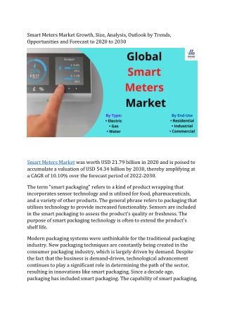 Smart Meters Market Type, Share, Size, Analysis, Trends, Demand and Outlook 2030