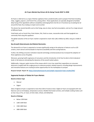 Air Fryers Market Analytical Overview And Growth Opportunities By 2030