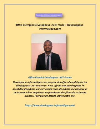 Offre d'emploi Développeur .net France | Développeur-informatique.com