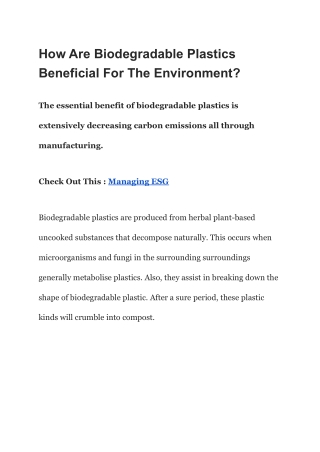 How Are Biodegradable Plastics Beneficial For The Environment