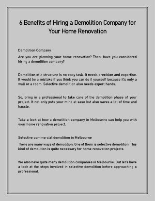 6 Benefits of Hiring a Demolition Company for Your Home Renovation