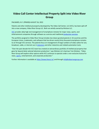 Video Call Center Intellectual Property Split into Video River Group