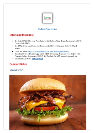 Upto 10% offer - Order now Chelsea Pizza House Menu