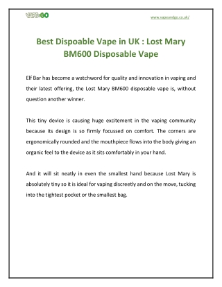 Best Dispoable Vape in UK  Lost Mary BM600 Disposable Vape