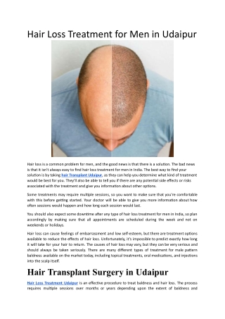 Hair Loss Treatment for Men in Udaipur