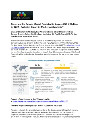 Green and Bio Polyols Market Estimated to Cross US$ 6.9 Billion by 2027| Markets