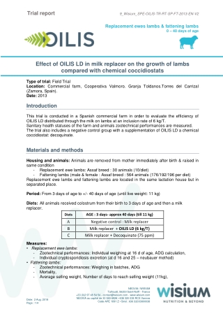 Effect of OILIS LD in milk replacer on the growth of lambs compared with chemical coccidiostats