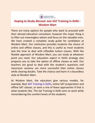 Hoping to Study Abroad Join SAT Training in Delhi - Wisdom Mart