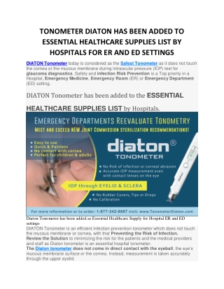 TONOMETER DIATON HAS BEEN ADDED TO ESSENTIAL HEALTHCARE SUPPLIES LIST BY HOSPITALS FOR ER AND ED SETTINGS
