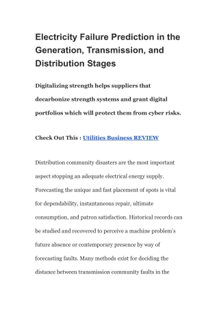 Electricity Failure Prediction in the Generation, Transmission, and Distribution Stages