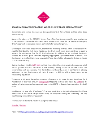 BRANDSMITHS APPOINTS AARON WOOD AS NEW TRADE MARK ATTORNEY