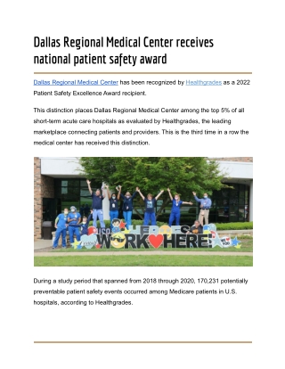 Dallas Regional Medical Center receives national patient safety award