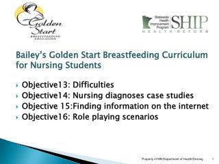 Bailey’s Golden Start Breastfeeding Curriculum for Nursing Students Objective13: Difficulties Objective14: Nursing diag