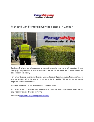 Man and Van Removals Services based in London - Easy Shipping