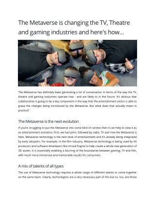 The Metaverse is changing the TV, Theatre and gaming industries and here's how - Scott Fleary Productions