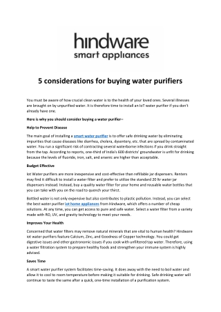 5 considerations for buying water purifiers