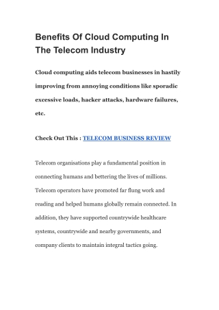 Benefits Of Cloud Computing In The Telecom Industry