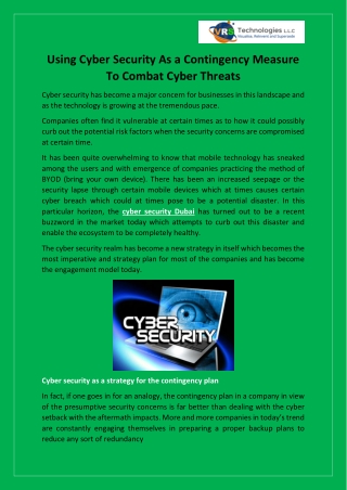 Using Cyber Security As a Contingency Measure To Combat Cyber Threats