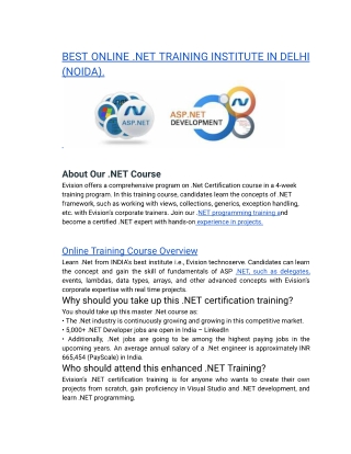 BEST ONLINE .NET TRAINING INSTITUTE IN DELHI (NOIDA).