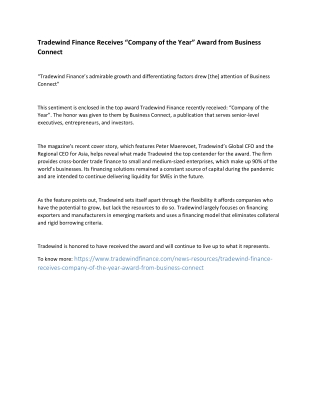 Tradewind Finance Receives “Company of the Year” Award from Business Connect