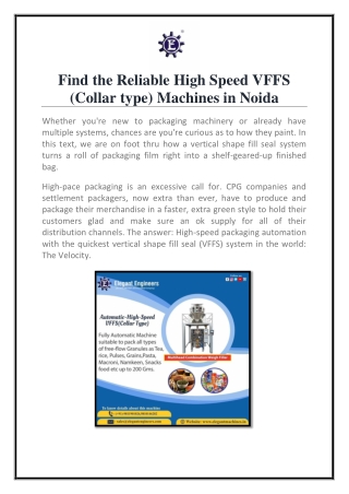 Find the Reliable High Speed VFFS (Collar type) Machines in Noida
