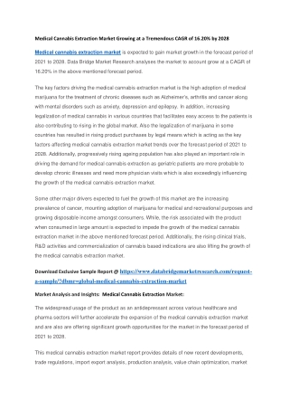 Medical Cannabis Extraction Market Growing at a Tremendous CAGR of 16.20 by 2028