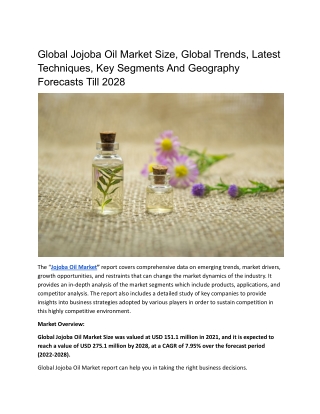 Global Jojoba Oil Market Size, Global Trends, Latest Techniques.