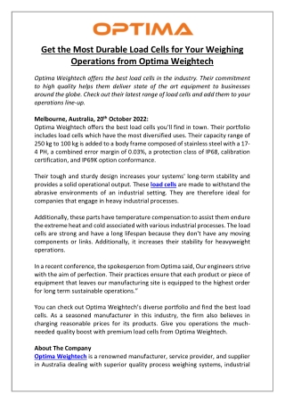 Get the Most Durable Load Cells for Your Weighing Operations from Optima Weightech