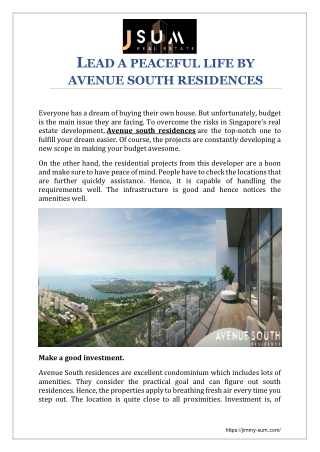 LEAD A PEACEFUL LIFE BY AVENUE SOUTH RESIDENCES