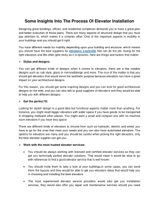 Some Insights Into The Process Of Elevator Installation