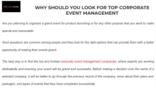 WHY SHOULD YOU LOOK FOR TOP CORPORATE EVENT MANAGEEMNT