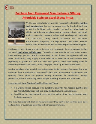 Purchase from Renowned Manufacturers Offering Affordable Stainless Steel Sheets Prices