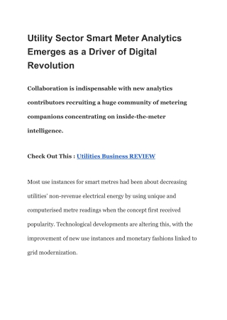 Utility Sector Smart Meter Analytics Emerges as a Driver of Digital Revolution
