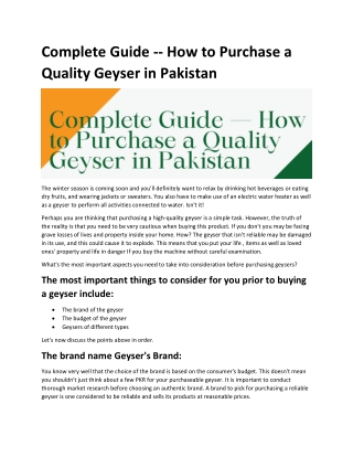 Complete Guide -- How to Purchase a Quality Geyser in Pakistan