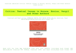 Download [ebook]$$ Critica Textual Issues in Horace  Ennius  Vergil and Other Authors {read online}