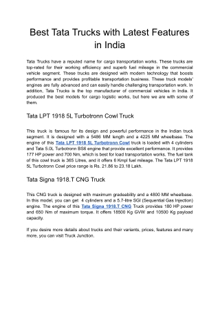 Best Tata Trucks with Latest Features in India