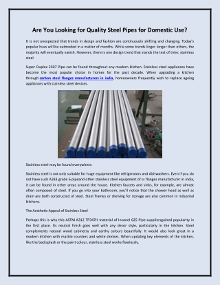 Are You Looking for Quality Steel Pipes for Domestic Use