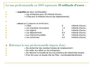 La taxe professionnelle en 2009 représente 35 milliards d'euros  :