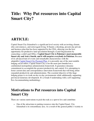 Why Put resources into Capital Smart City