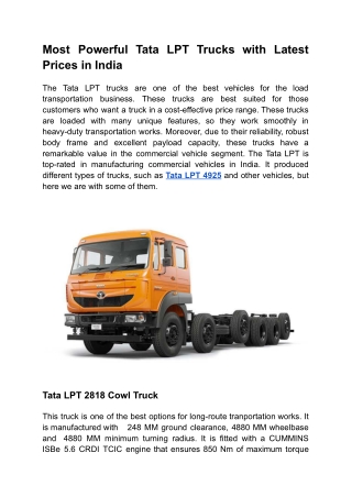 Most Powerful Tata LPT Trucks with Latest Prices in India