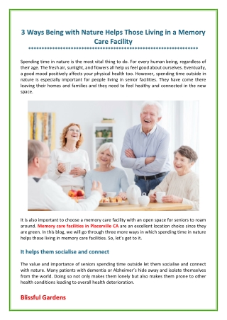 Benefits of Nature for Residents Residing in Memory Care Facilities