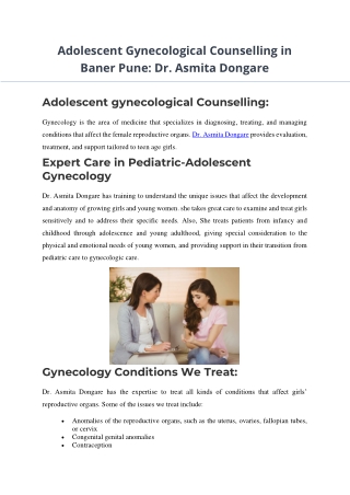 Adolescent Gynecological Counselling in Baner Pune