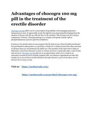 Advantages of chocogra 100 mg pill in the treatment of the erectile disorder