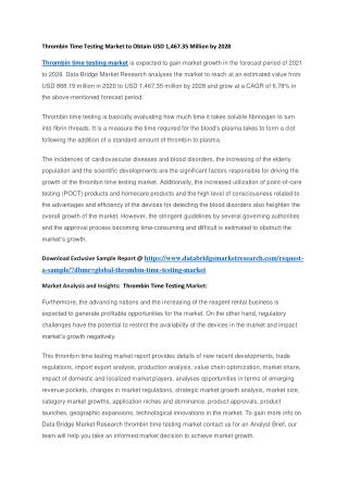 Thrombin Time Testing Market to Obtain USD 1,467.35 Million by 2028