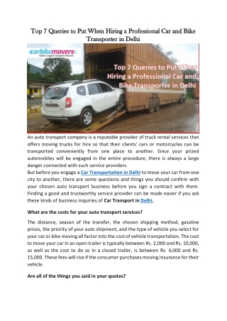 Top 7 Queries to Put When Hiring a Professional Car and Bike Transporter in Delhi