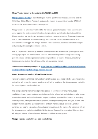Allergy Vaccine Market to Grow at a CAGR of 11.32 by 2028