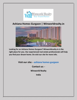 Ashiana Homes Gurgaon  Winworldrealty in