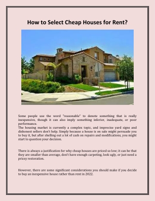 How to Select Cheap Houses for Rent